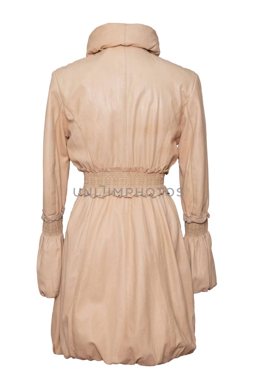Leather coat. Luxurious elegant bright female leather coat isolated on a white background. Fashionable stylish new collection of woman clothes.