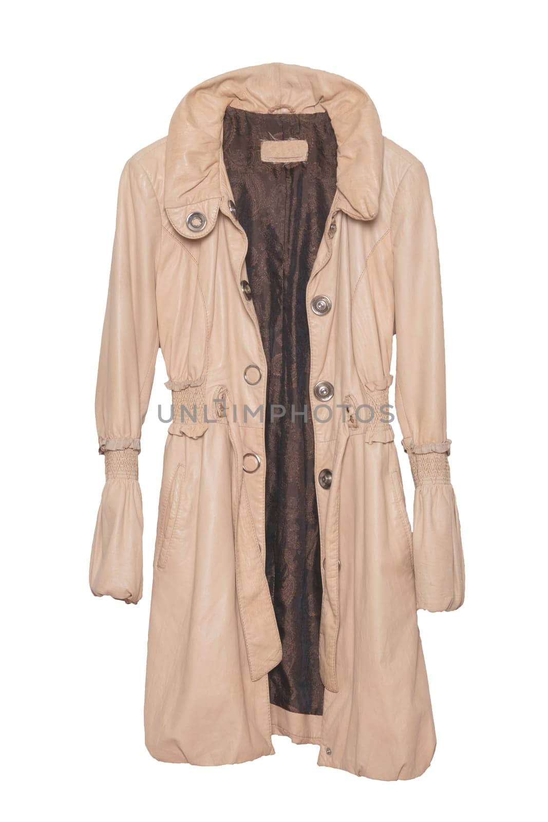 Leather coat. Luxurious elegant bright female leather coat isolated on a white background. Fashionable stylish new collection of woman clothes.