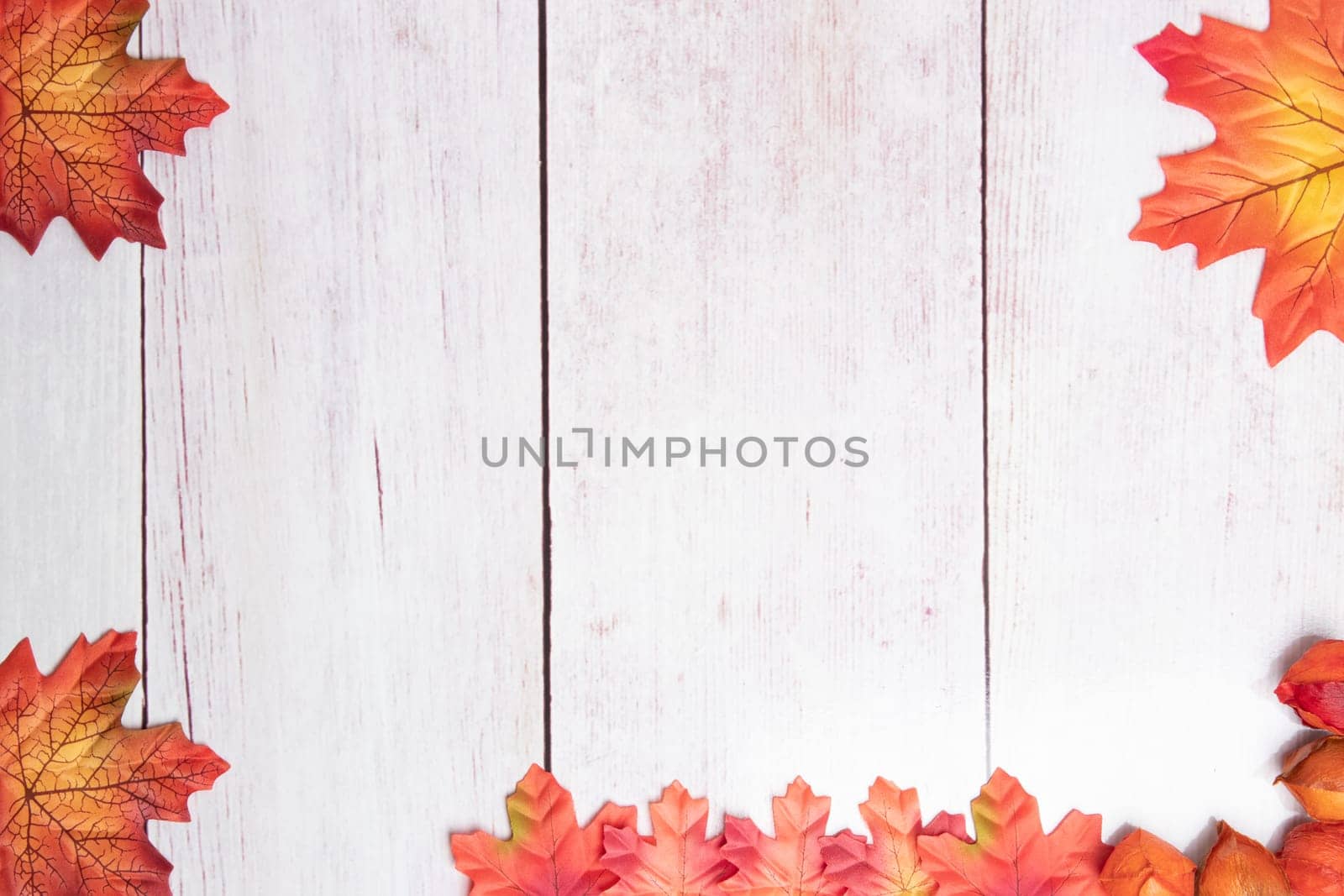 Frame of autumn. Top view on autumn frame of multi-colored autumn leaves on a wooden board with copy space.