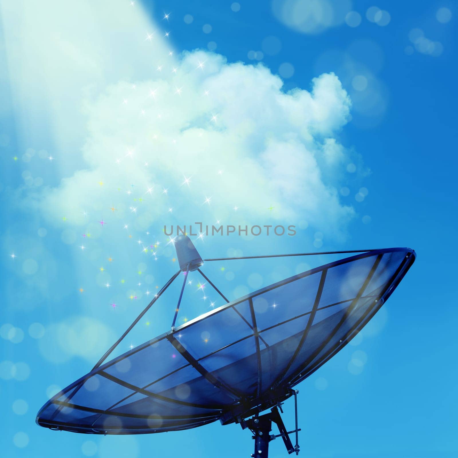 Conceptual image of a satellite dish antenna over night sky with abstract light manipulation