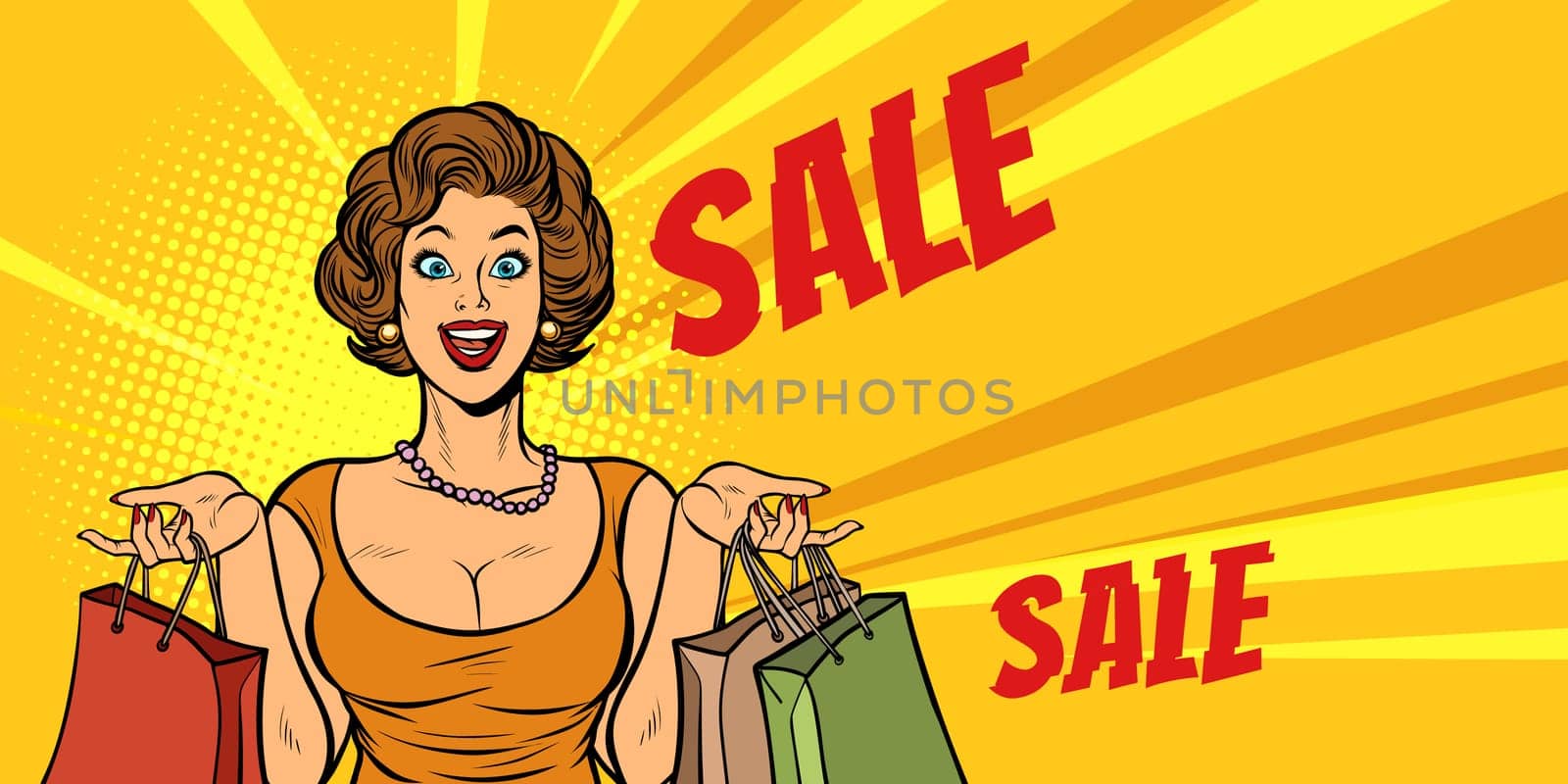 joyful woman shopping on sale. Pop art retro vector illustration vintage kitsch