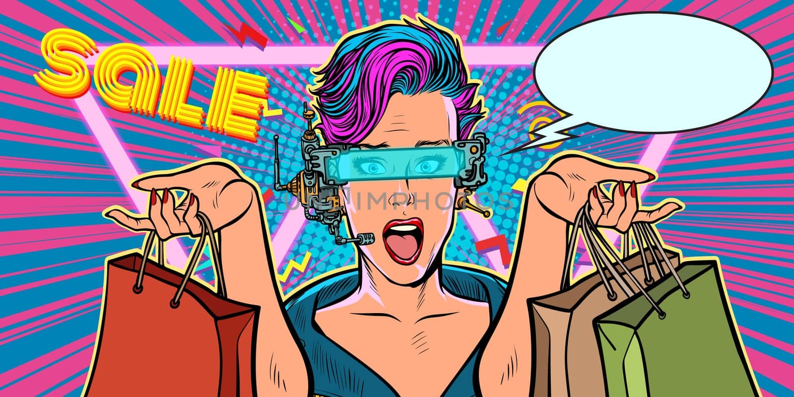 woman online shopping on sale. Pop art retro vector illustration vintage kitsch
