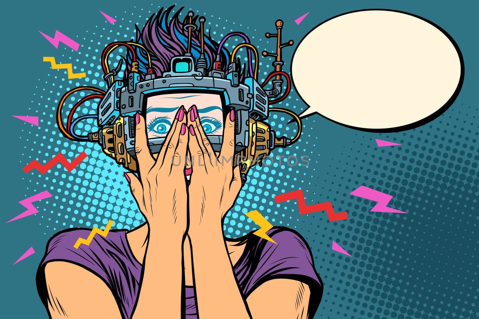 surprised woman in virtual reality. Pop art retro vector illustration vintage kitsch