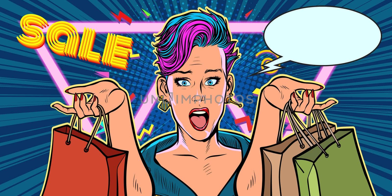 woman shopping on sale. Pop art retro vector illustration vintage kitsch