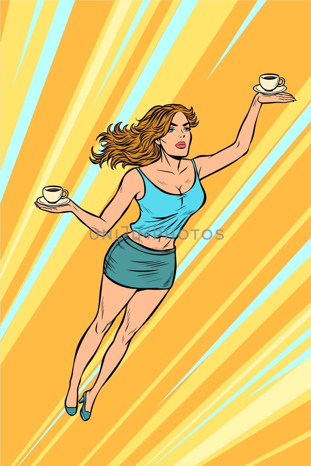 waitress carries coffee flying superhero help. Pop art retro vector illustration vintage kitsch