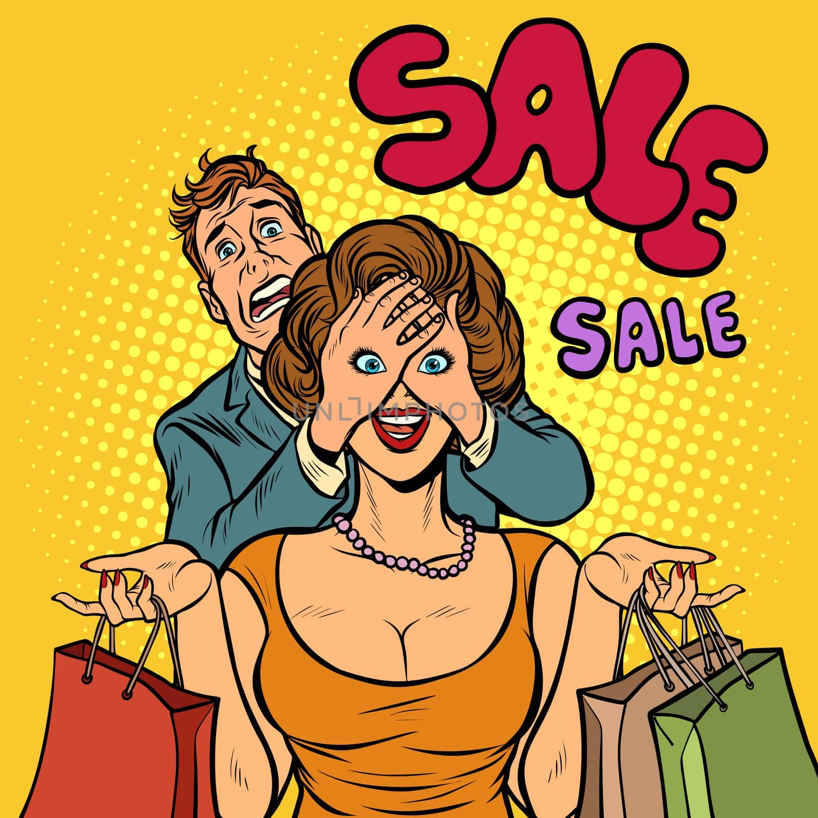 husband and wife on sale shopping. Pop art retro vector illustration vintage kitsch