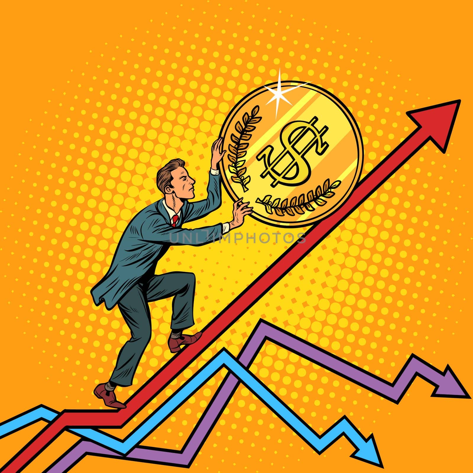 businessman roll a USA dollar coin up. Pop art retro vector illustration vintage kitsch