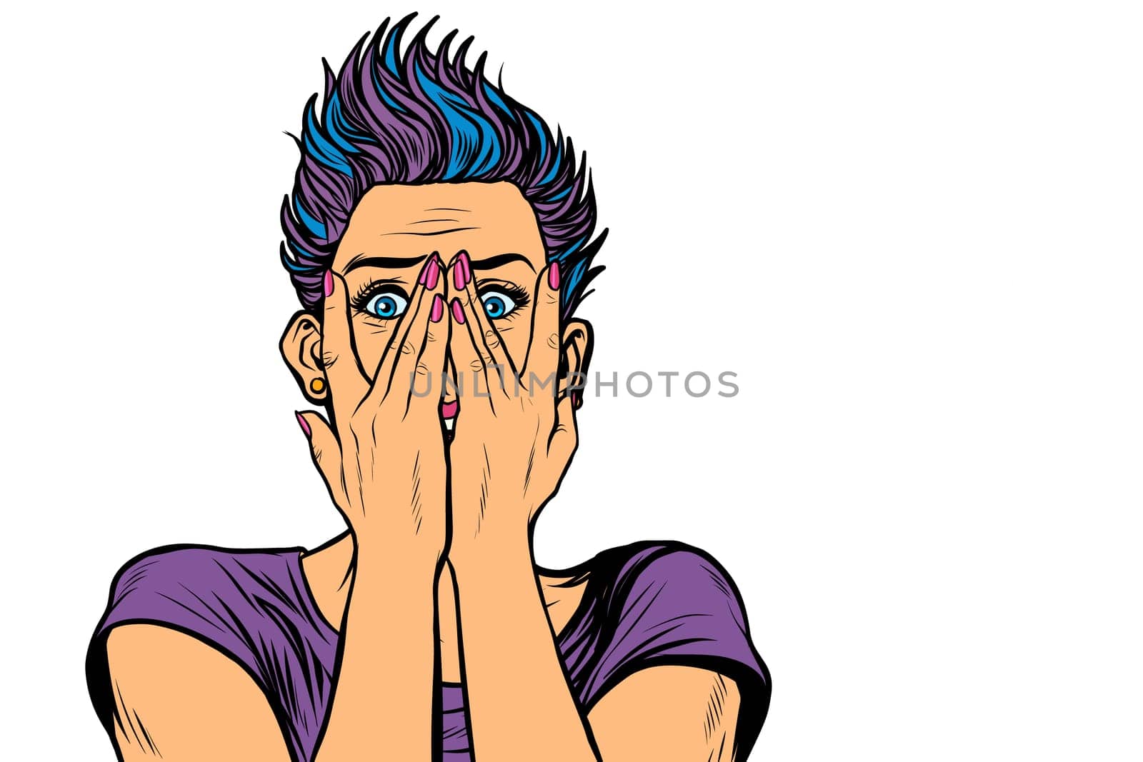 surprised woman covered her face with hands. Pop art retro vector illustration vintage kitsch