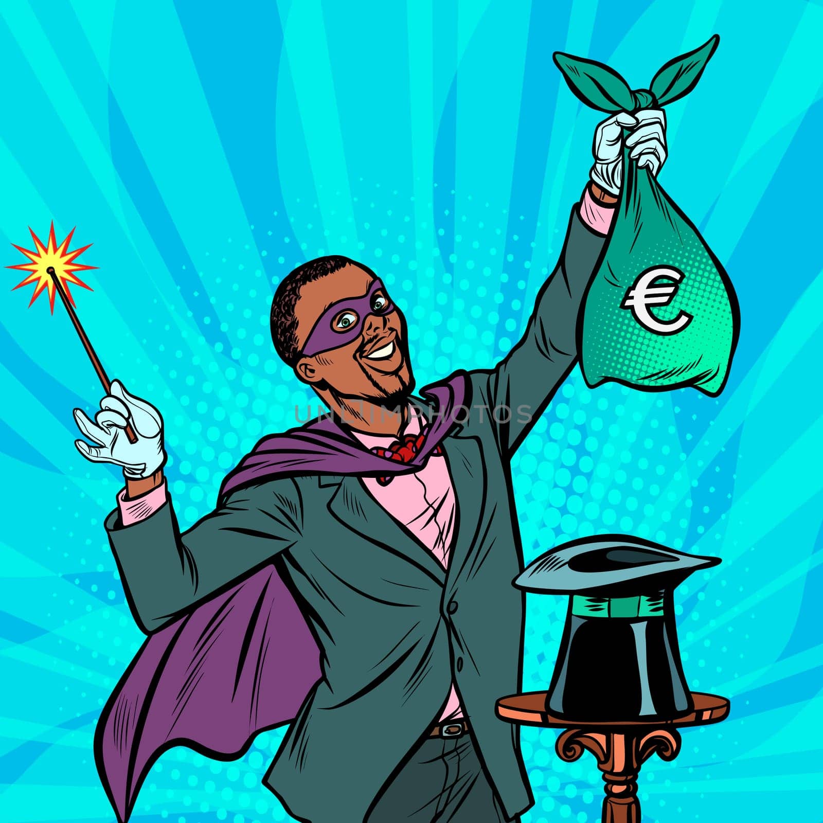 African Magician with euro money. Pop art retro vector illustration vintage kitsch