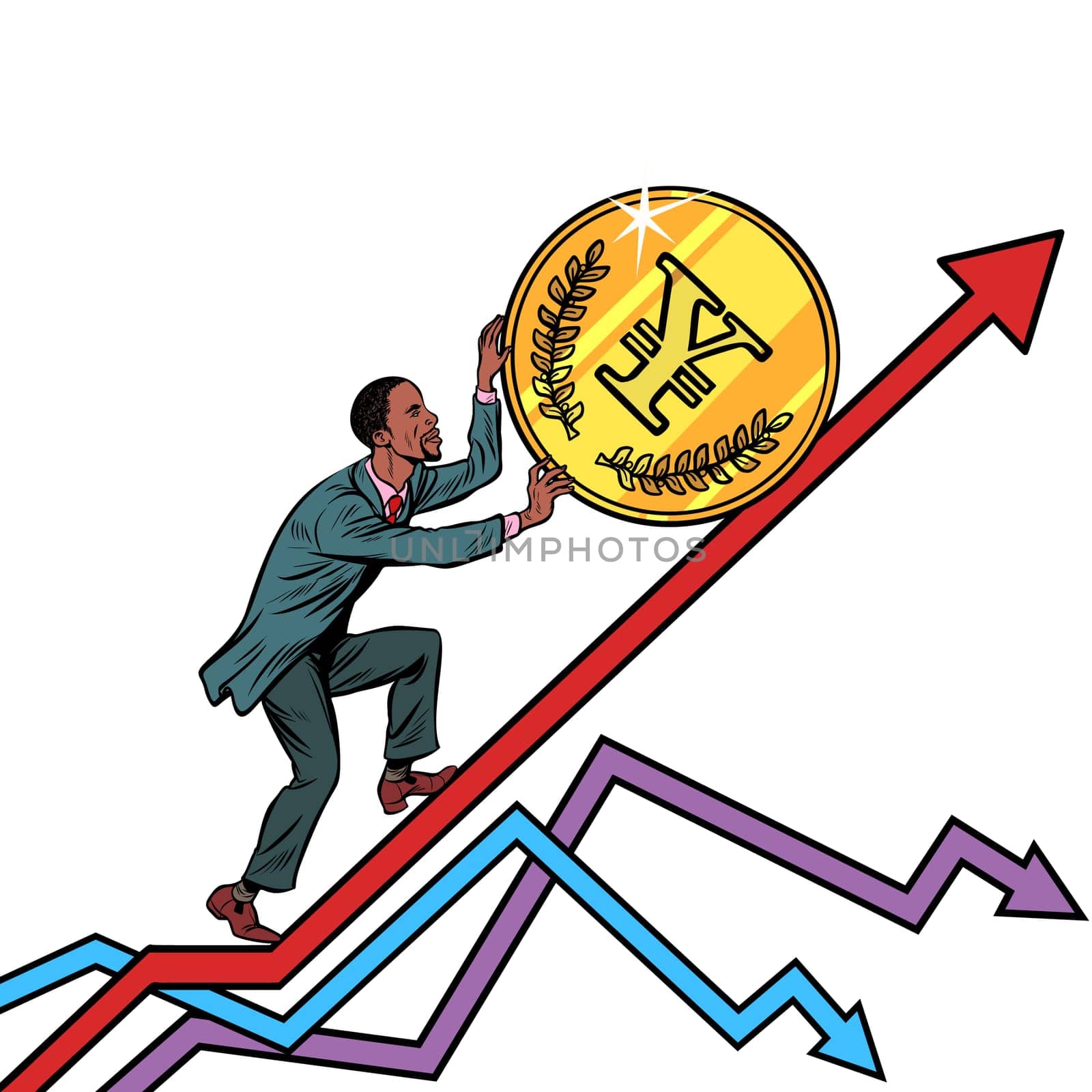 African American man roll a yen coin up. isolate on white background. Pop art retro vector illustration vintage kitsch