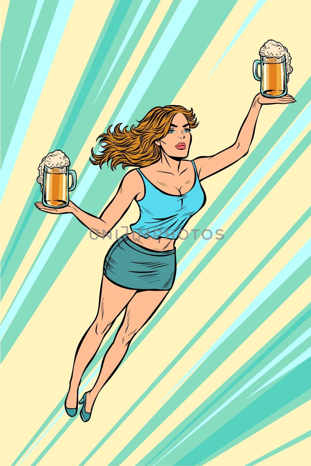 waitress carries beer flying superhero help. Pop art retro vector illustration vintage kitsch
