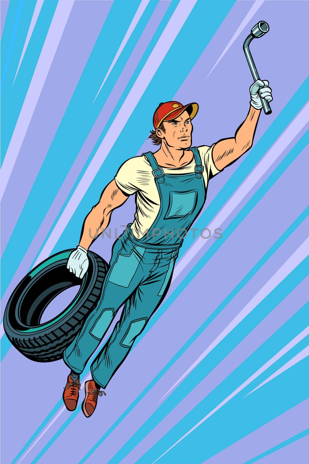 man mechanic tire. flying superhero help. Pop art retro vector illustration vintage kitsch