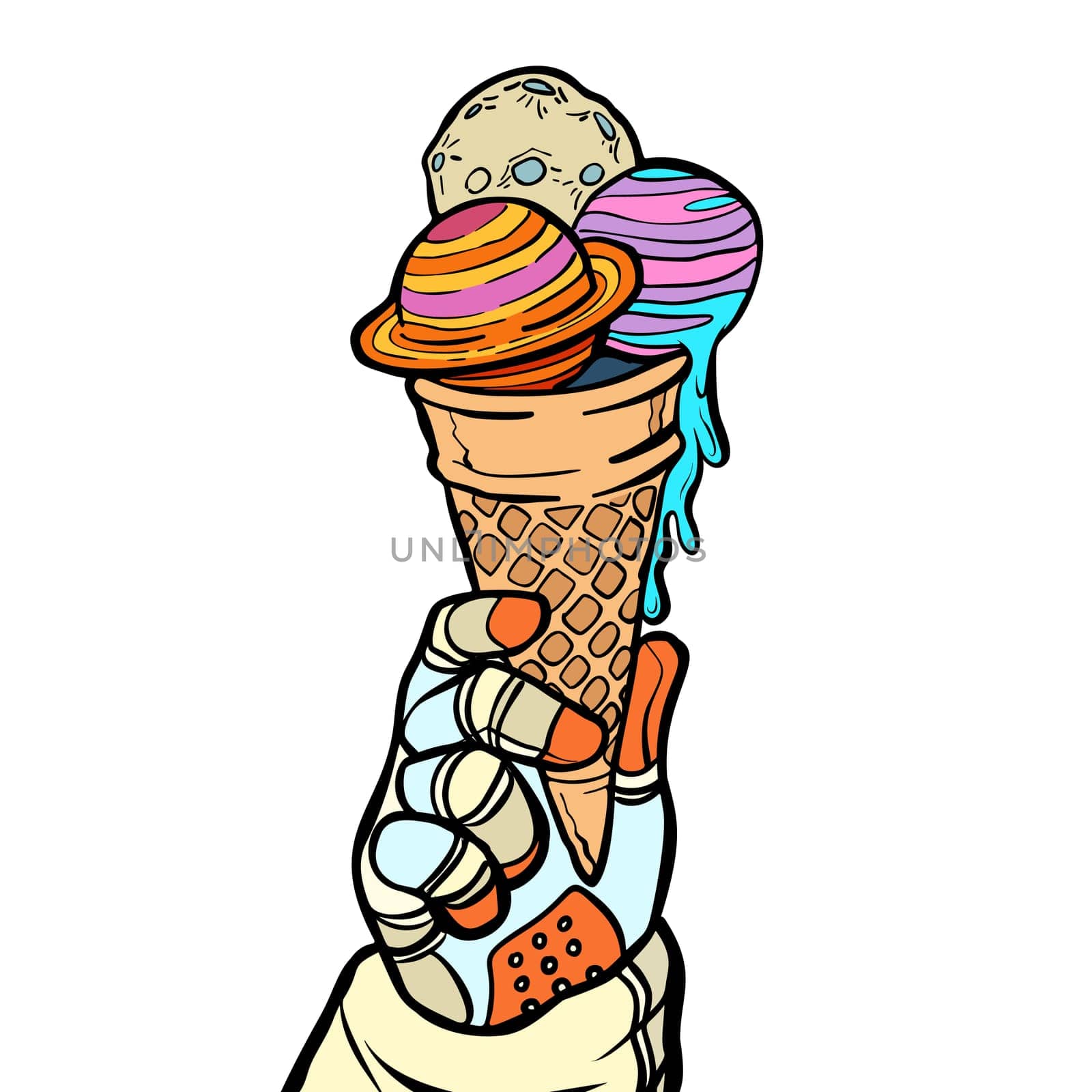 Astronaut holds the universe in his hands like ice cream. Pop art retro vector illustration vintage kitsch