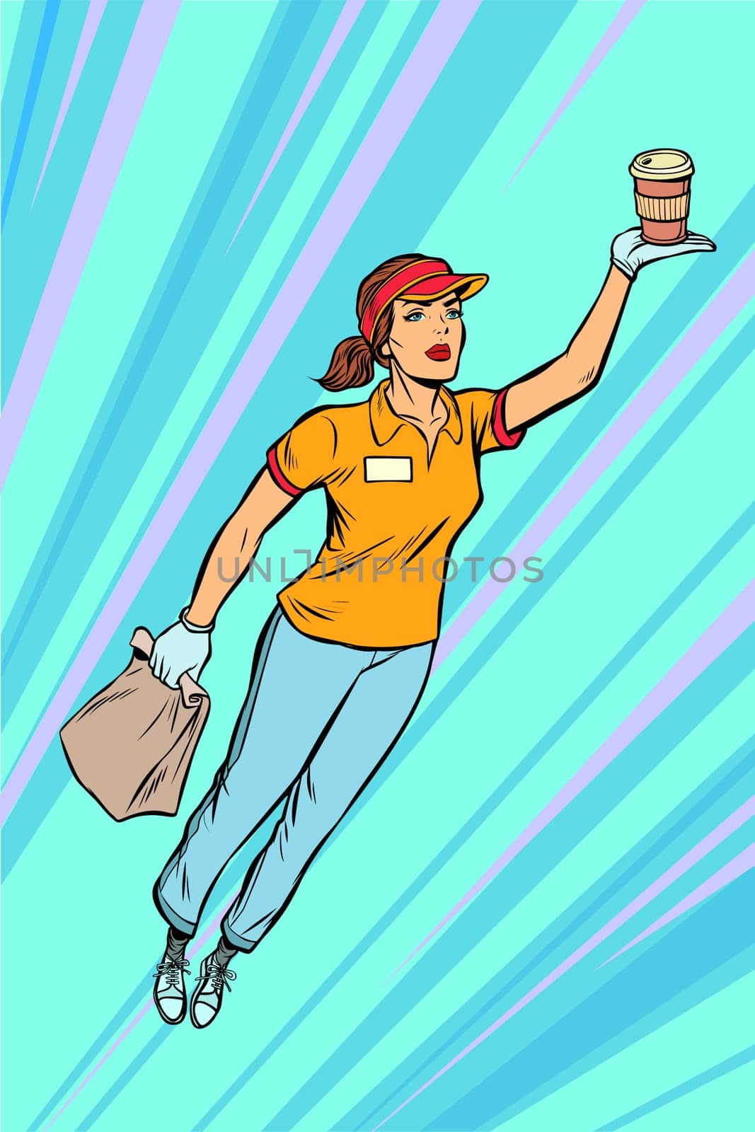 waitress coffee fast food delivery flying superhero help. Pop art retro vector illustration vintage kitsch