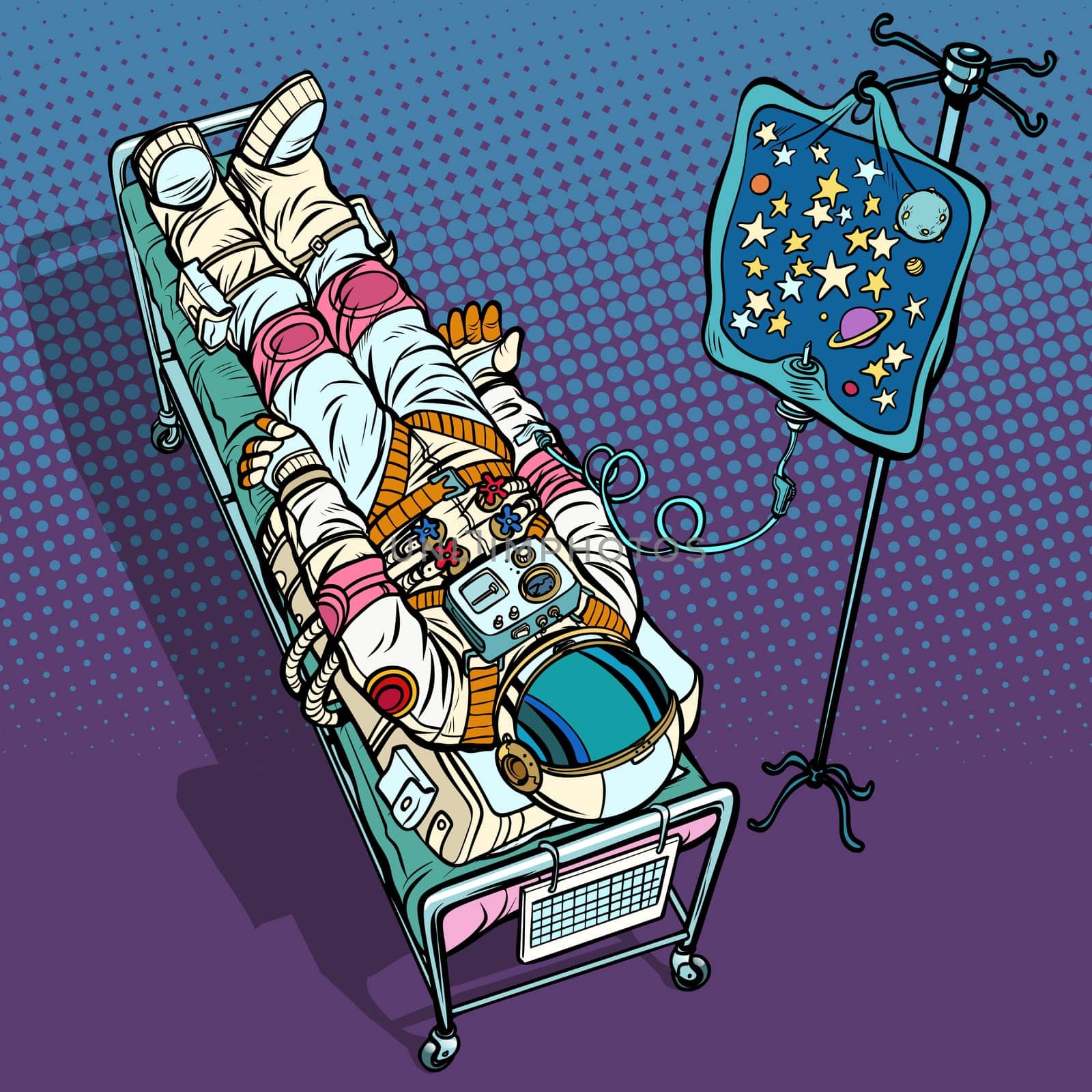 Star fever. Astronaut under medical dropper. Connected to the universe. Pop art retro vector illustration vintage kitsch