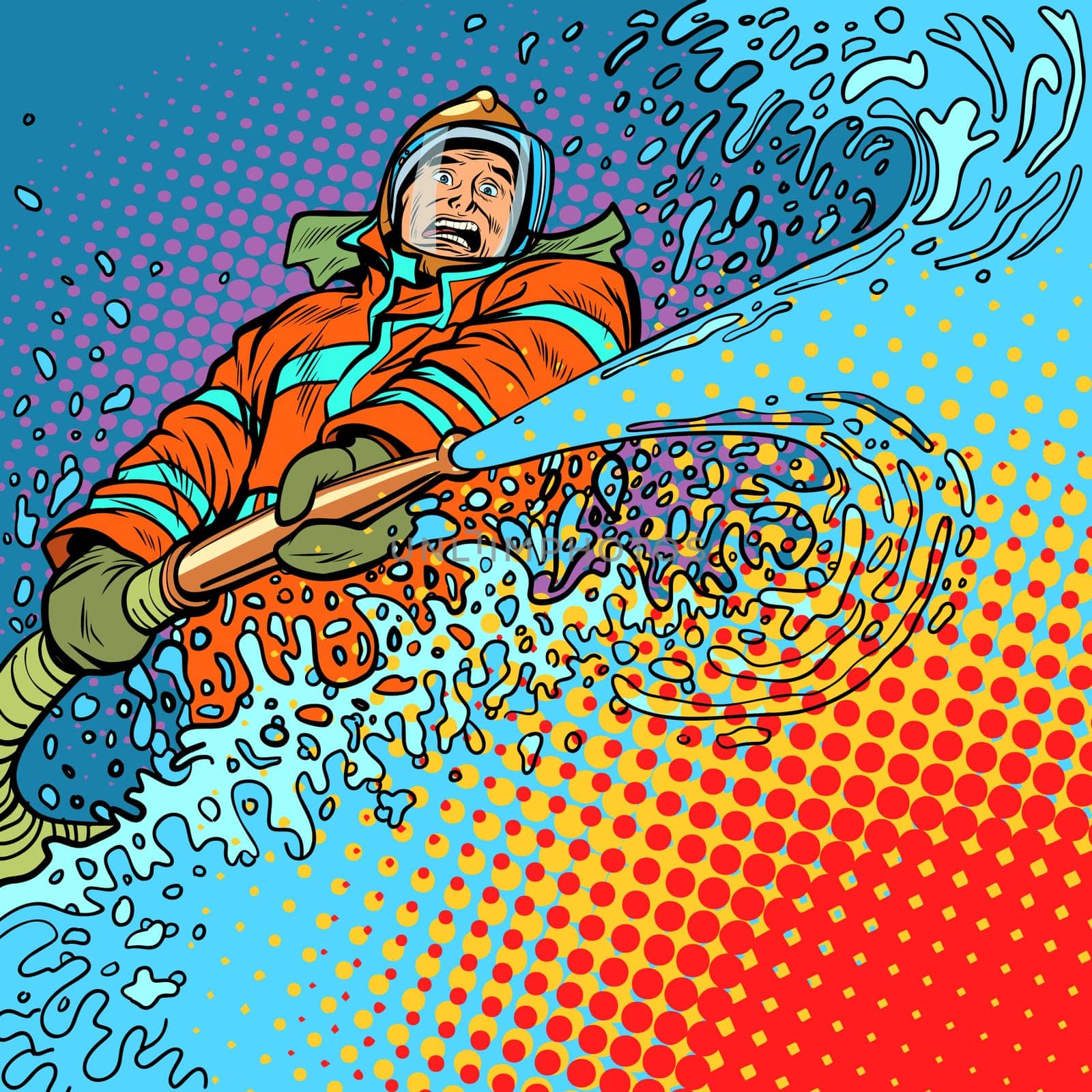firefighter puts out fire with water. Pop art retro vector illustration vintage kitsch