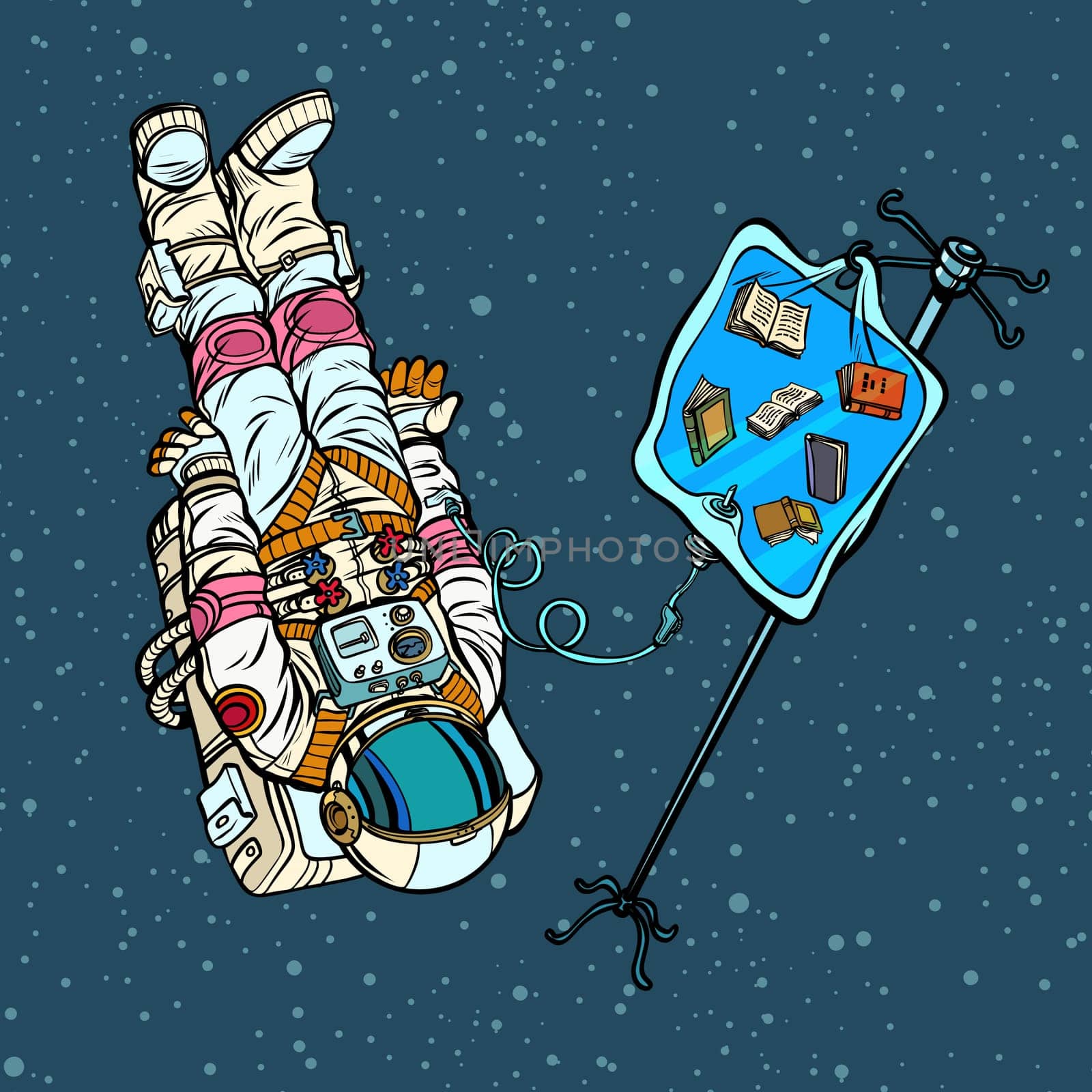 Books, science and knowledge. Astronaut under medical dropper. Pop art retro vector illustration vintage kitsch