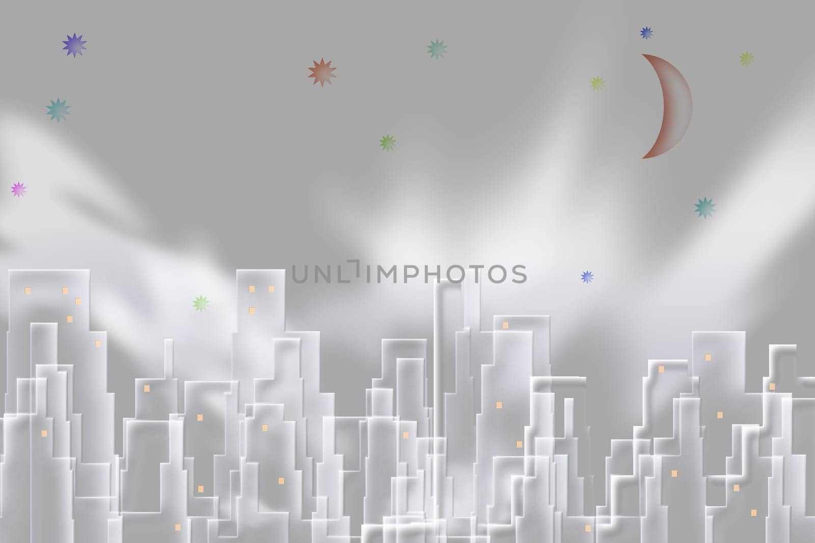 Symbolic composition. White city panorama. Stars and crescent in the sky