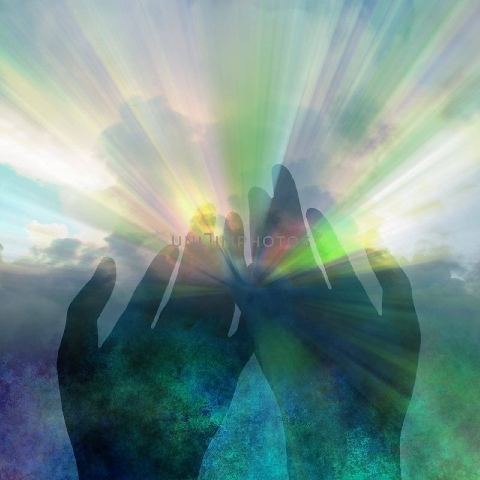 Colorful light beams comes from human hands