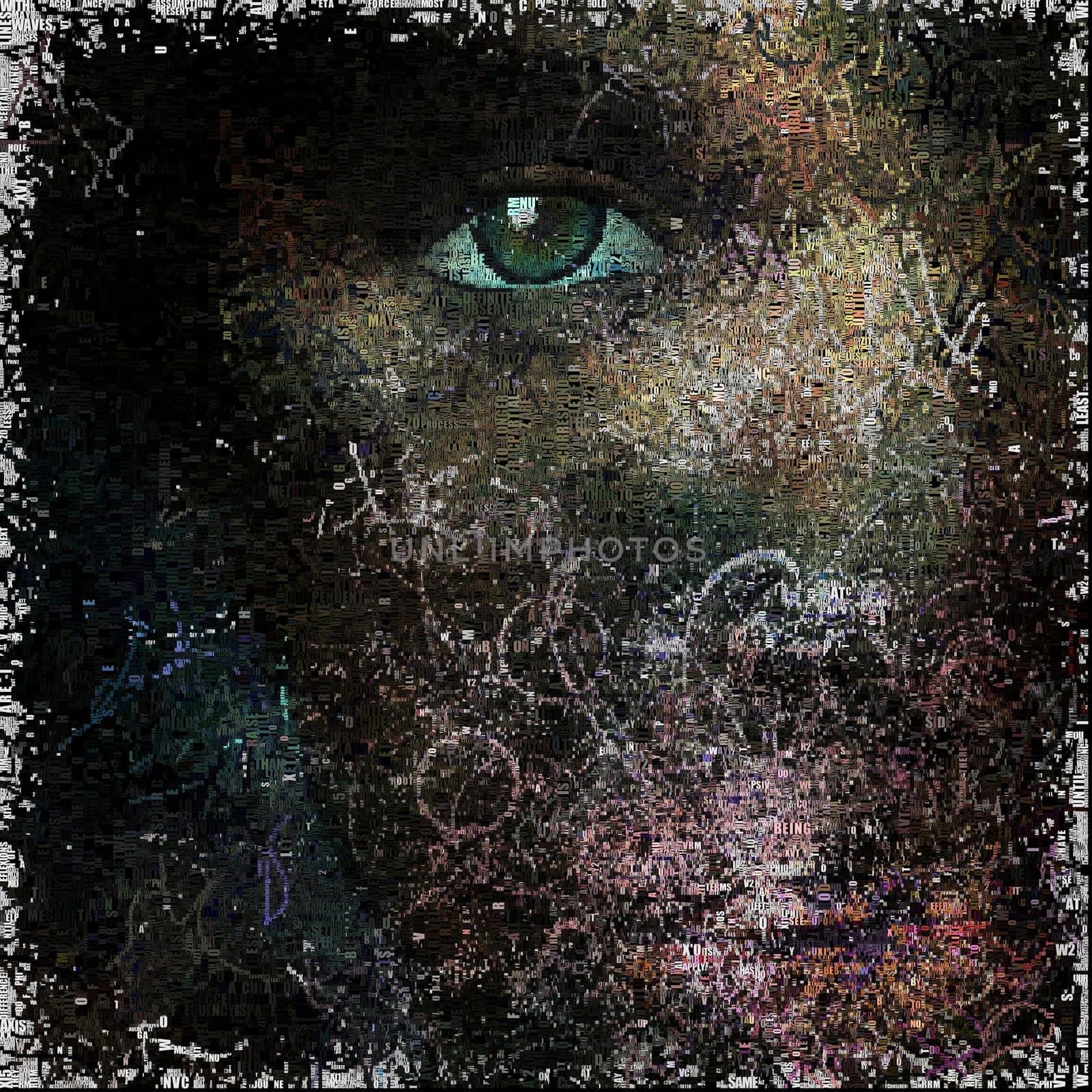 Surreal painting. Woman's face. Image composed entirely of words