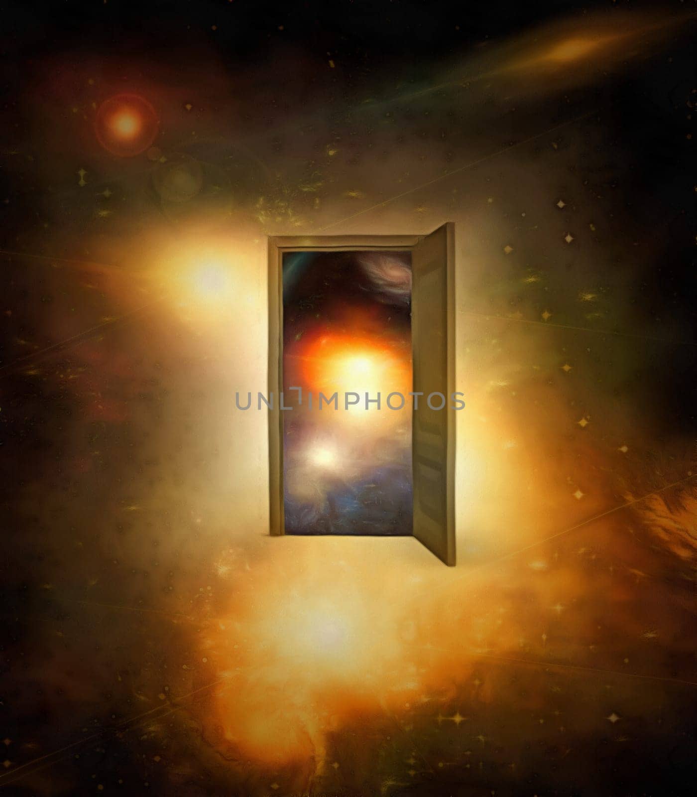 Surrealism. Door to another dimension in colorful space.