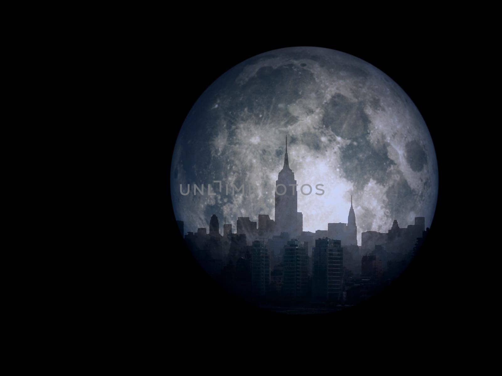 City silhouettes reflects the moon.