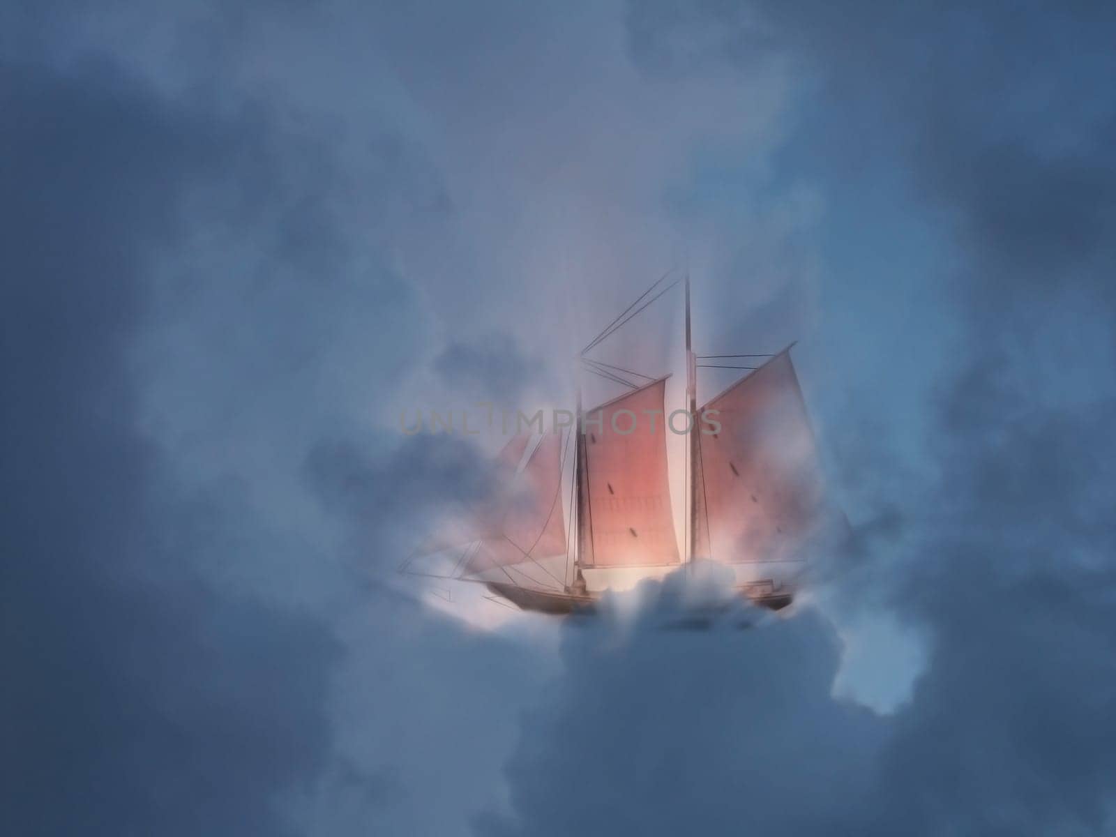 Ancient sailboat floats in cloudy sky