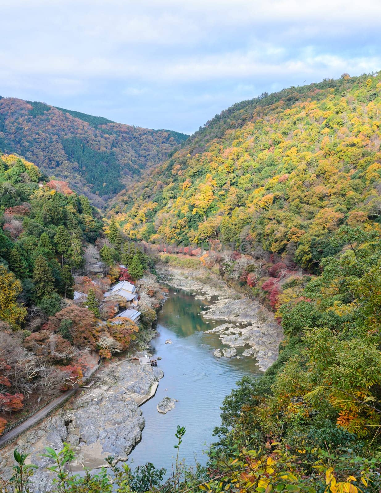 Beautiful aerial scenery of Asashiyama mountain and Hozugawa river in autumn season, Kyoto, Japan