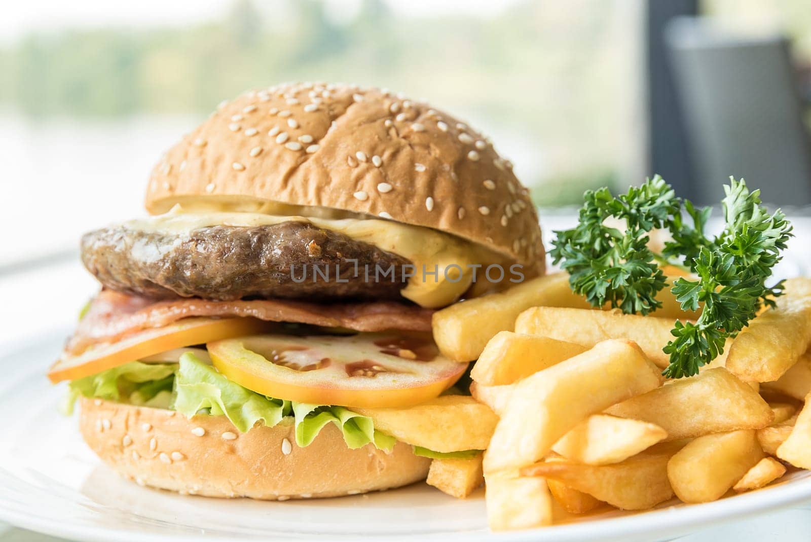Beef hamburger with fires and fresh vegetable