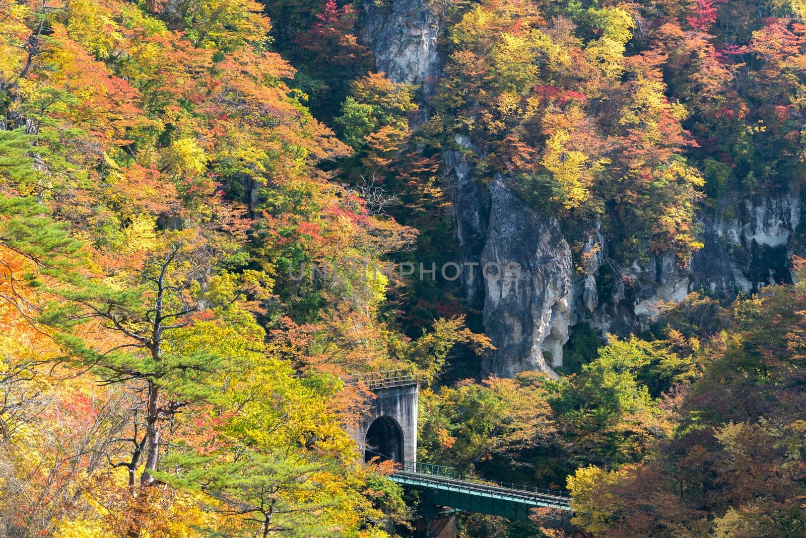 Naruko Gorge valley with rail tunnel in Miyagi Tohoku Japan