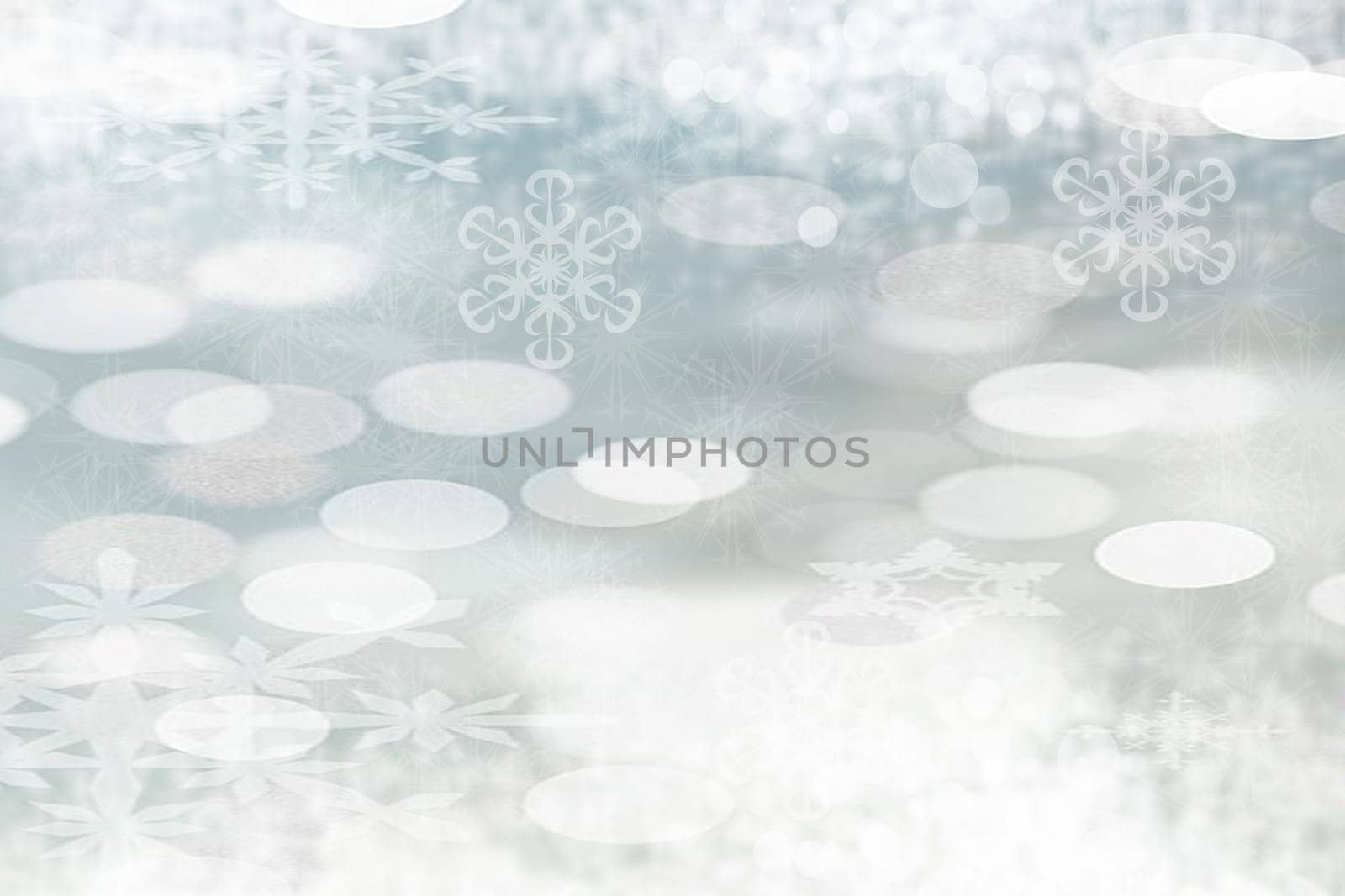 Abstract blurred festive winter christmas or Happy New Year background with shiny white bokeh lighted snow landscape. Space for your design. Card concept.