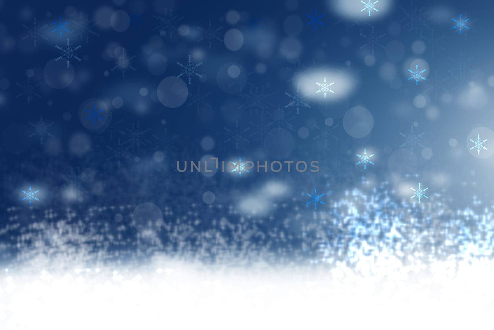 Abstract blurred festive winter christmas or Happy New Year background with shiny blue and white bokeh lighted snow landscape. Space for your design. Card concept.