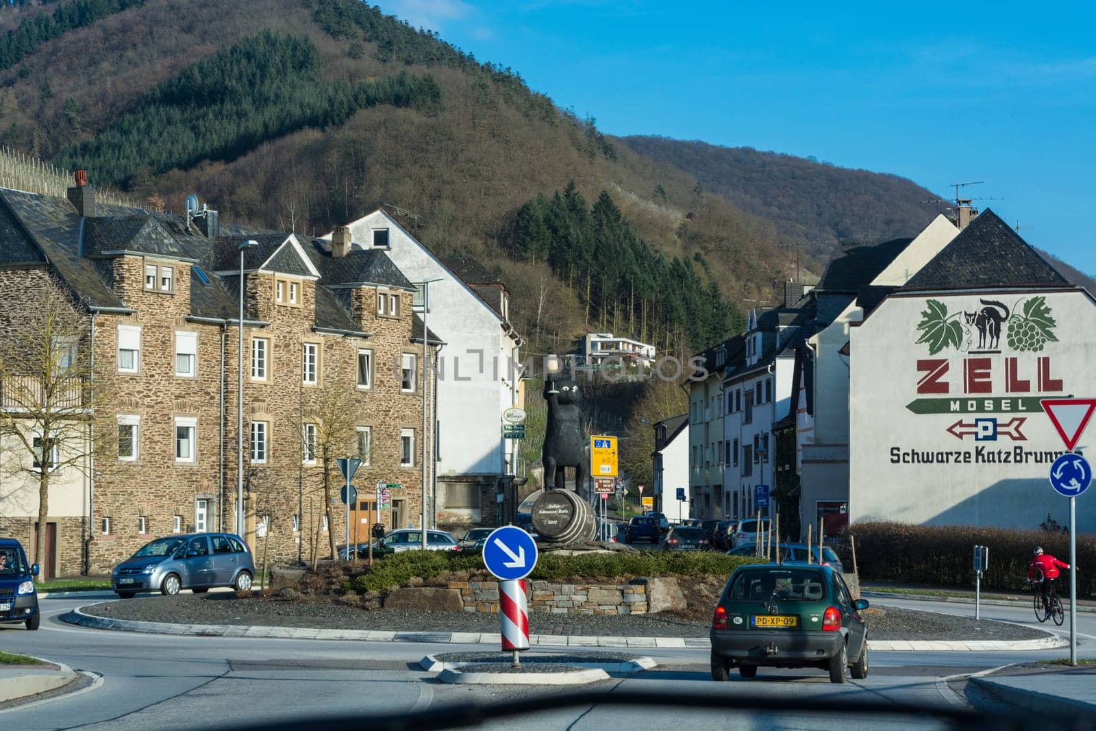 ZELL, GERMANY - MARCH 26, 2016: Entrance to Zell am Mosel with roundabout and view of the symbol and logo for the famous wine of Zell, Moselle, Rhineland-Palatinate, Germany, Europe.