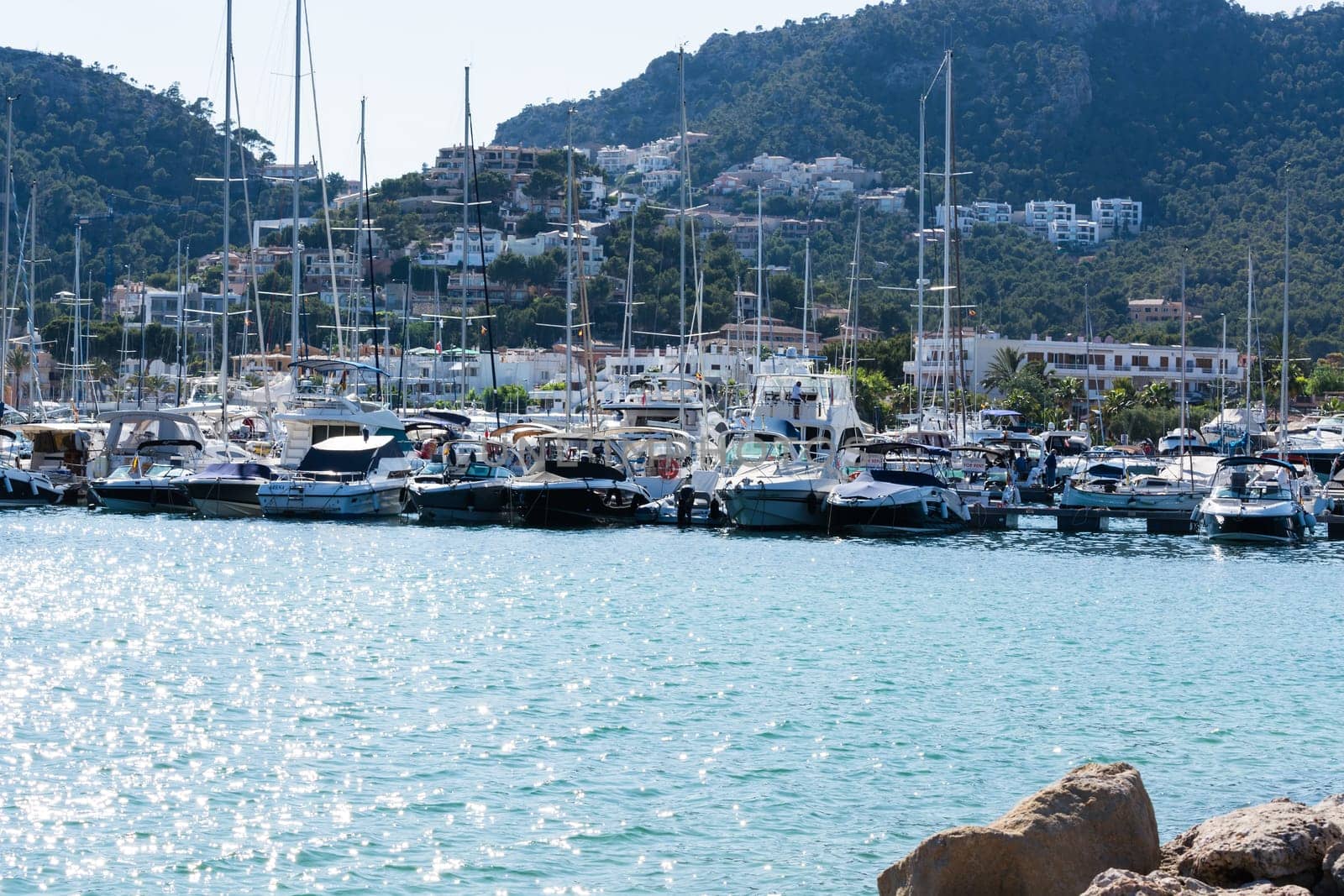 PORT ANDRATX, SPAIN - JUNE 01, 2016:.View of the Bay of Port Andratx Mallorca Baleares Spain. In the background motor boats and sailboats.