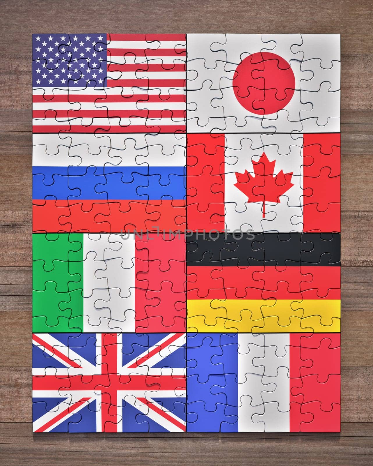 Flags of the G8 member countries in the form of puzzle pieces.