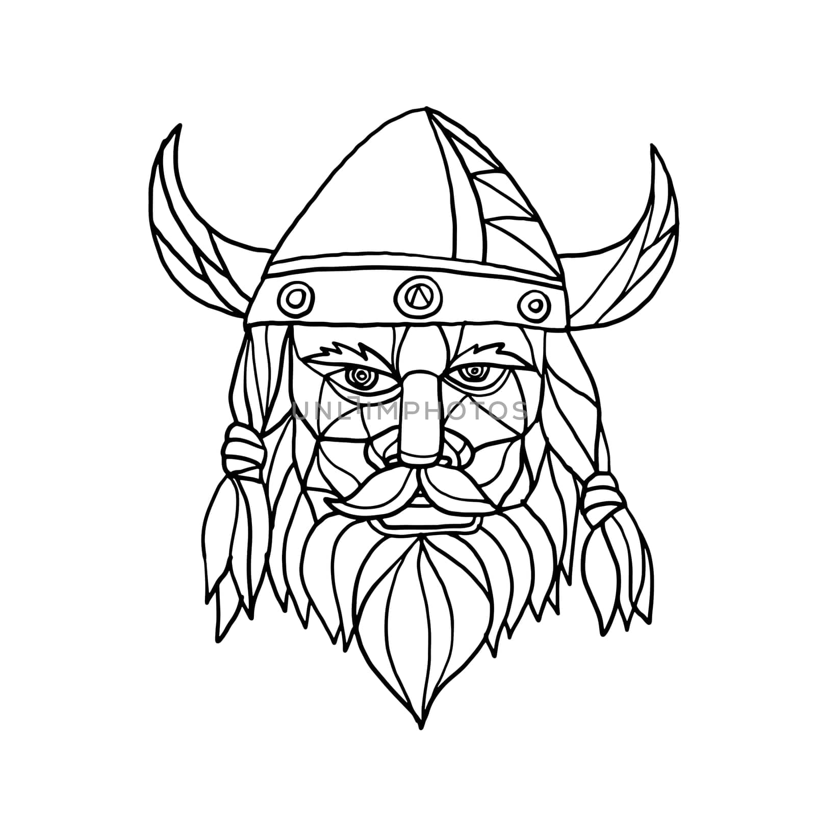 Mosaic low polygon style illustration of head of a viking, norseman or barbarian viewed from front on isolated white background in black and white.