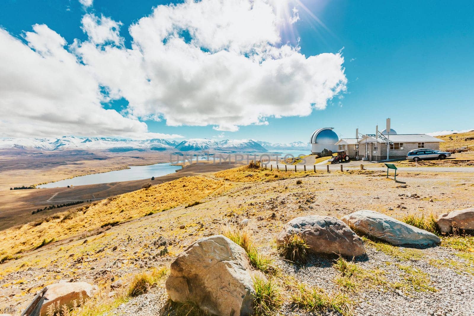 Mount John's Observatory at Mt John in autumn season near Tekapo lake Southern Alps mountain valleys New Zealand