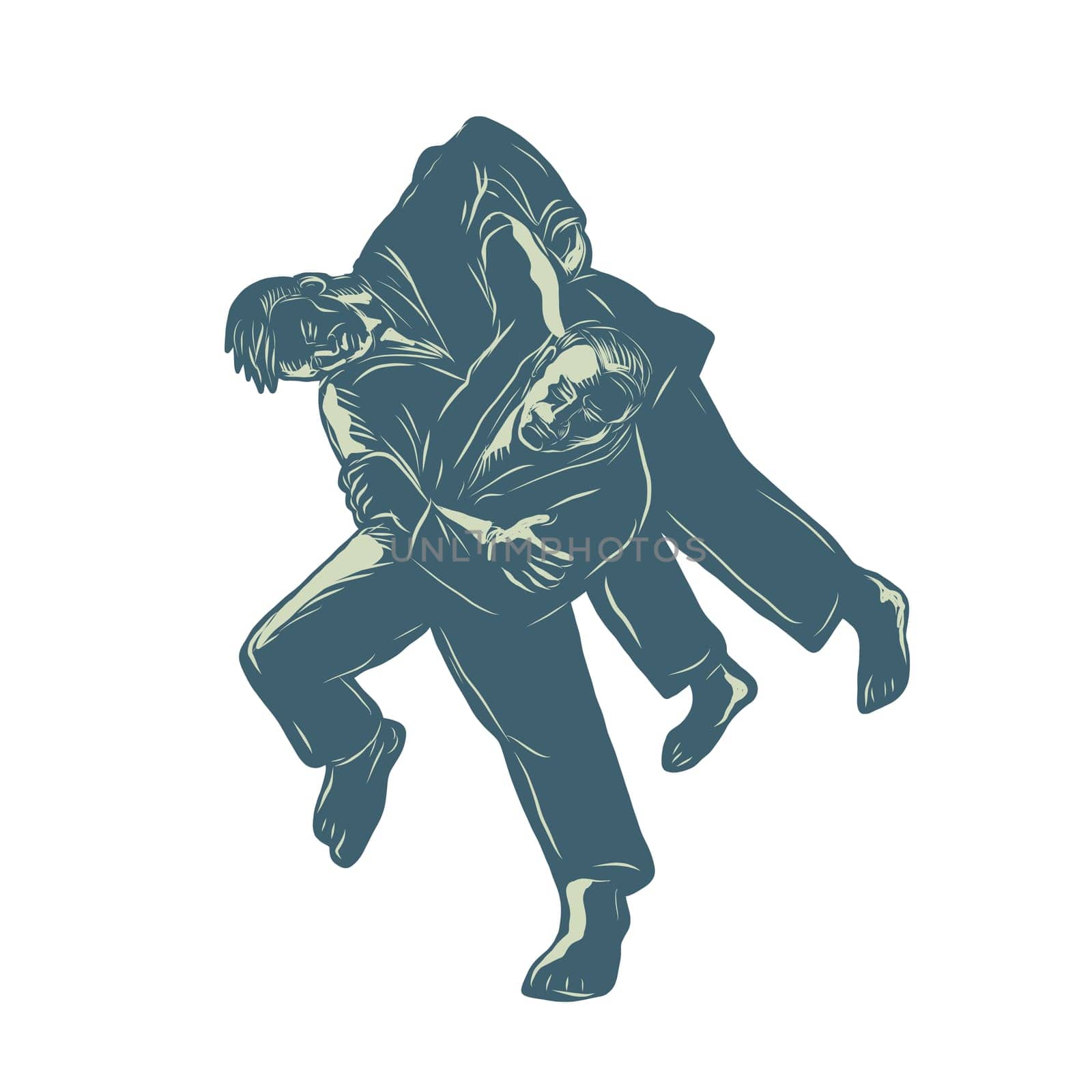 Scratchboard style illustration of a judoka throwing an opponent in judo combat sport done on scraperboard on isolated background.