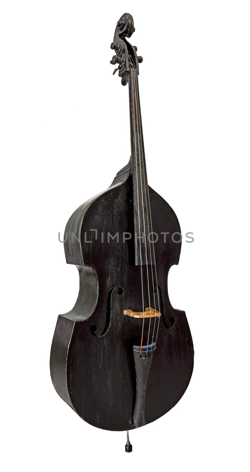 Old standing black double bass isolated on white