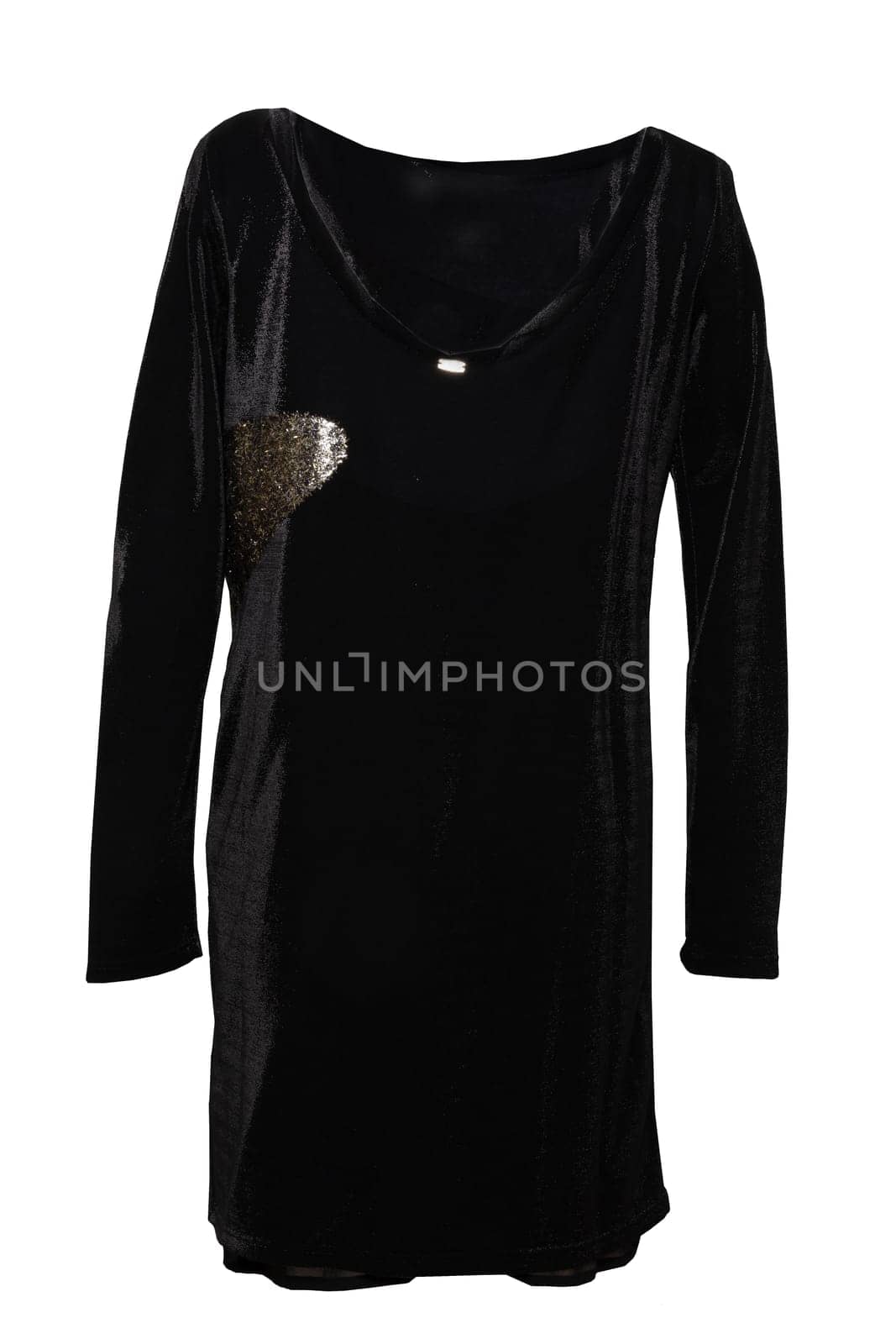 Festive elegant black lace evening dress with golden ornaments isolated on white background. New collection fashion women.