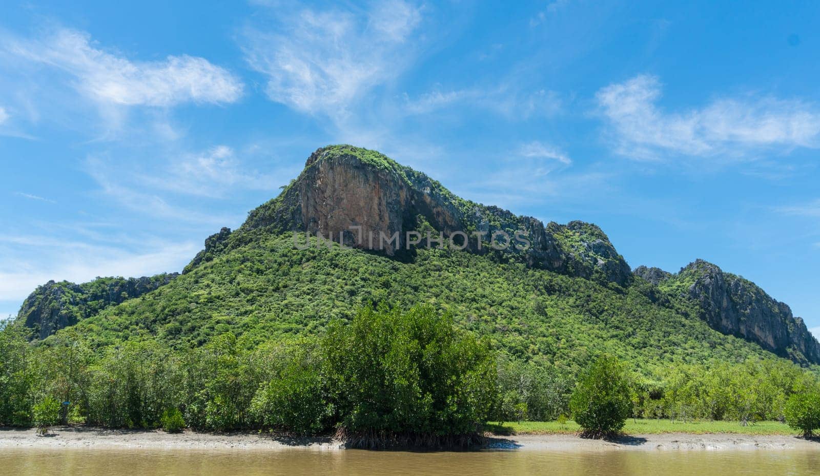 Khao Dang stone or rock mountain or hill at Prachuap Khiri Khan Thailand. Natural landscape or scenery in summer concept