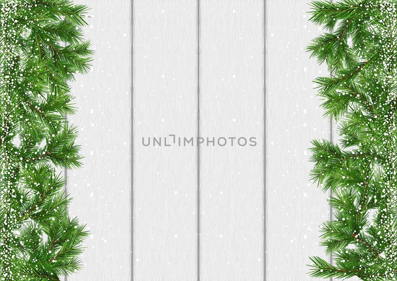 Christmas Snow-covered Branches on a White Wooden Background with Copy Space - Colored Illustration, Vector