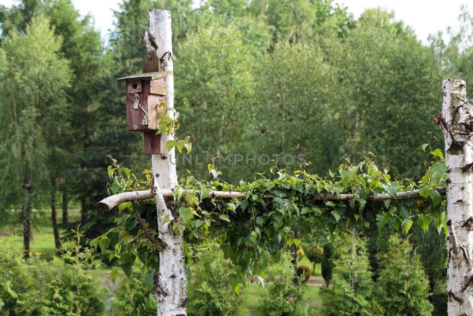 homemade house for birds in garden