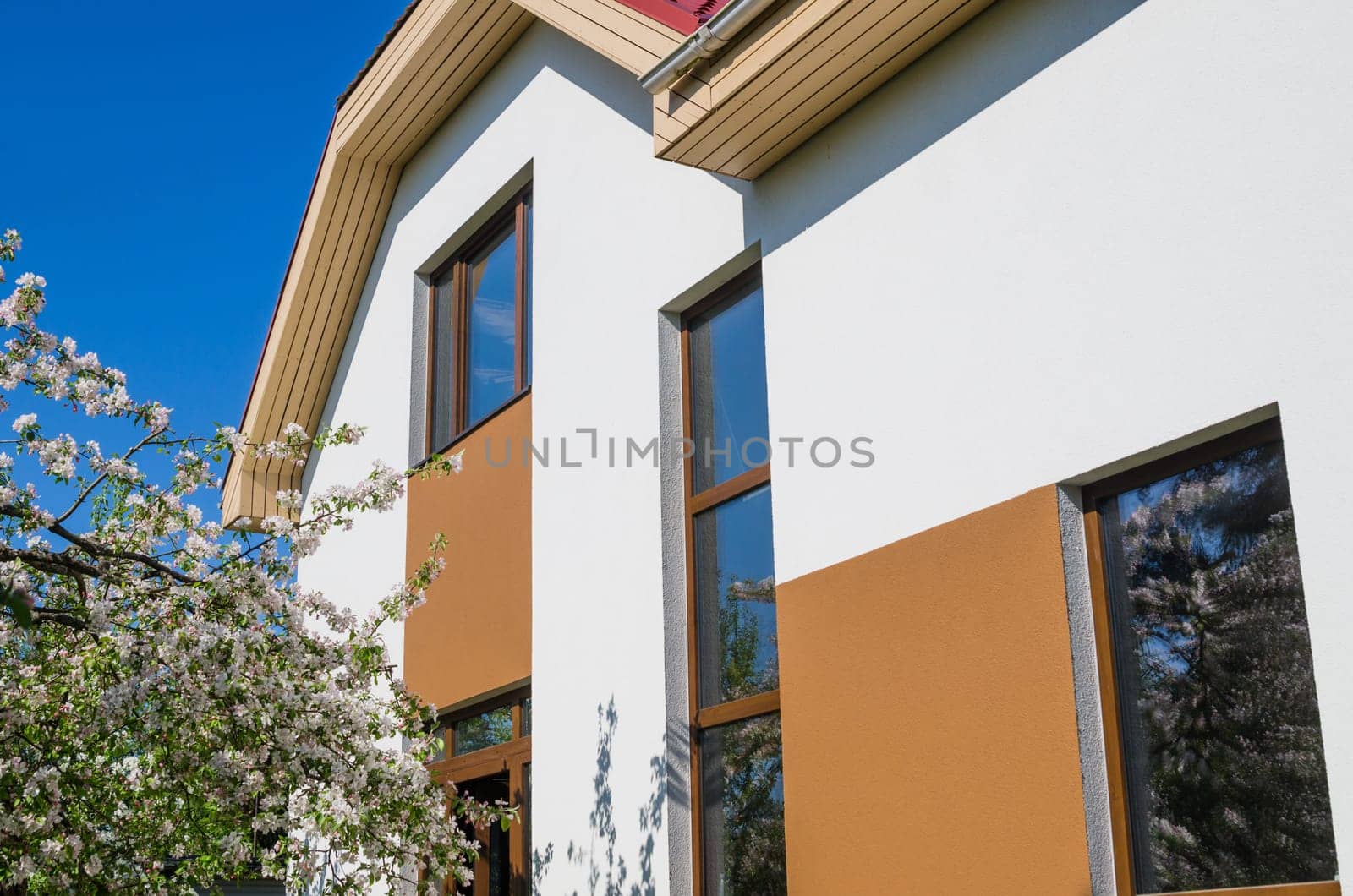 The facade of the house with a reflection in the windows of flowering apple trees and blue sky