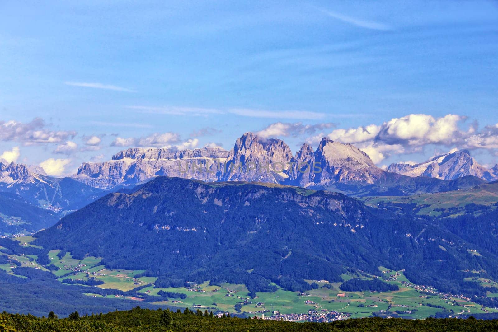 Distant view from the Renon Horn to Sella Sassolungo Plattkofel and Marmolada