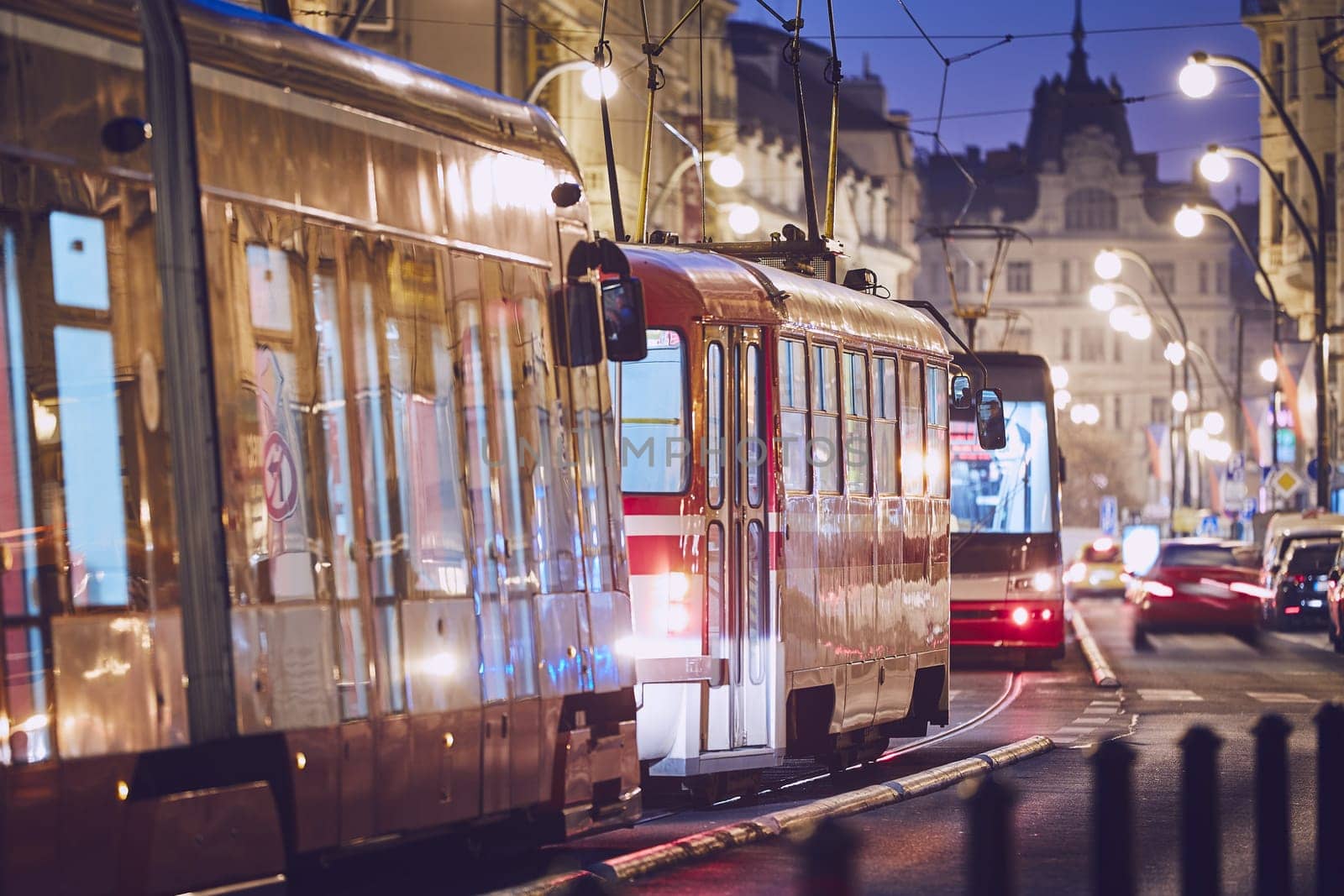 Tram in traffic jam in downtown of Prague, Czech Republic.