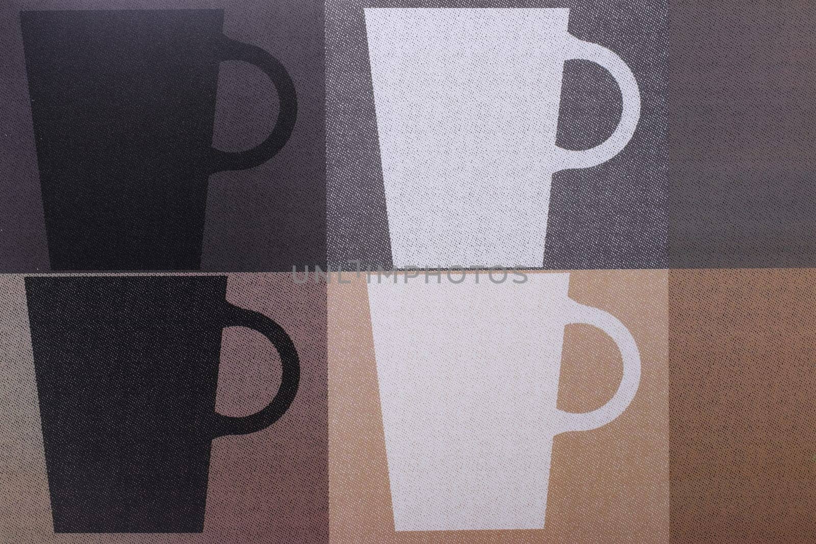 Coffee cups background. Top view of details of printed coffee cups with seamless pattern on plastic.