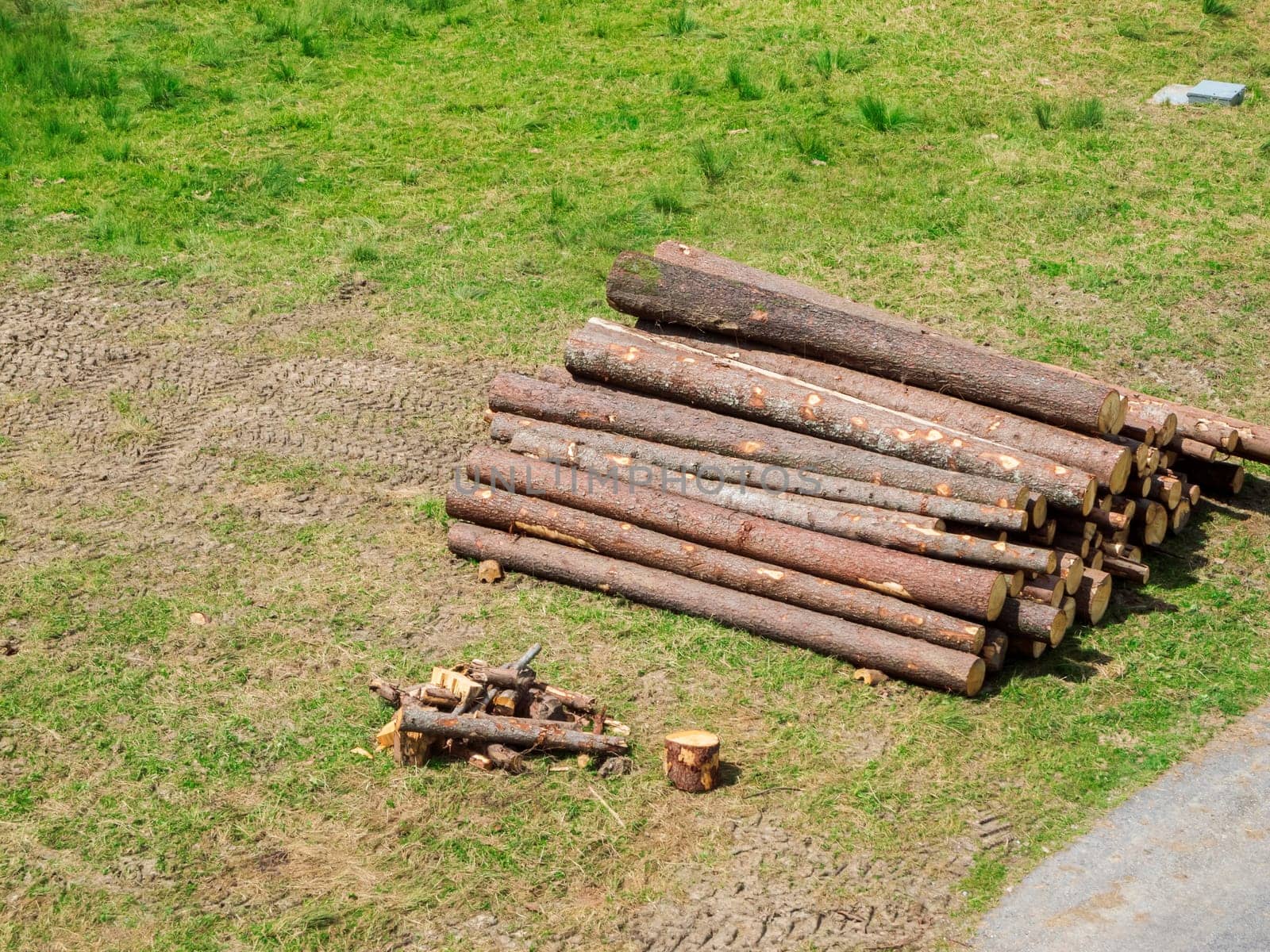 Freshly beaten spruce trunks on a pasture with tire marks near a paved road from elevated view in the Allgäu.