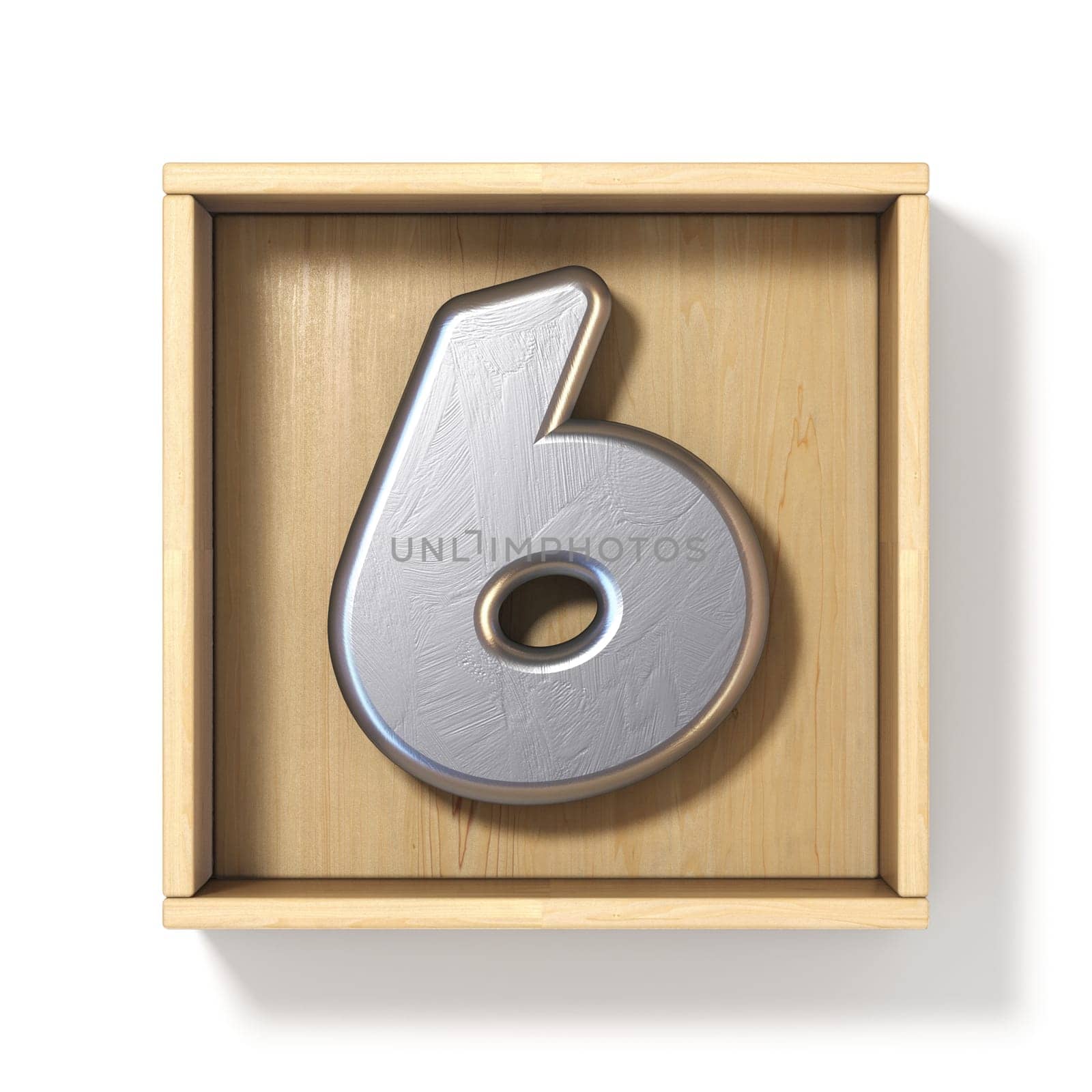 Silver metal number 6 SIX in wooden box 3D render illustration isolated on white background