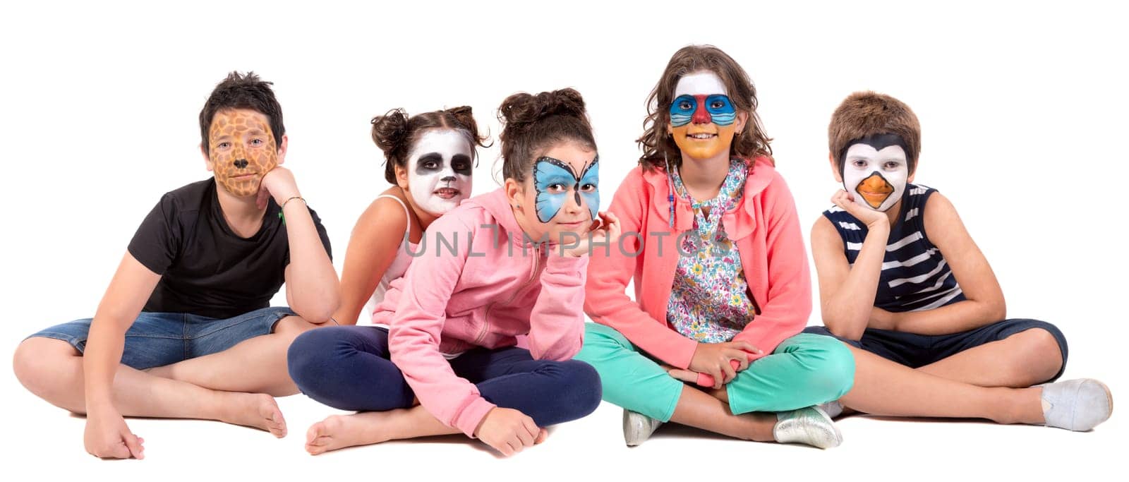 Children's group with animal face-paint isolated in white